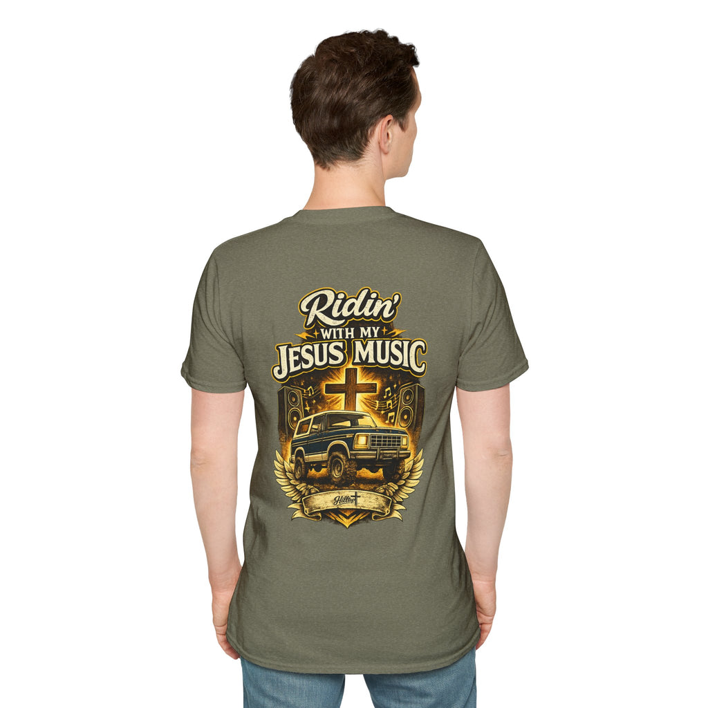 Christian Graphic T-Shirt — "Ridin' With My Jesus Music" Church Truck Cross Design