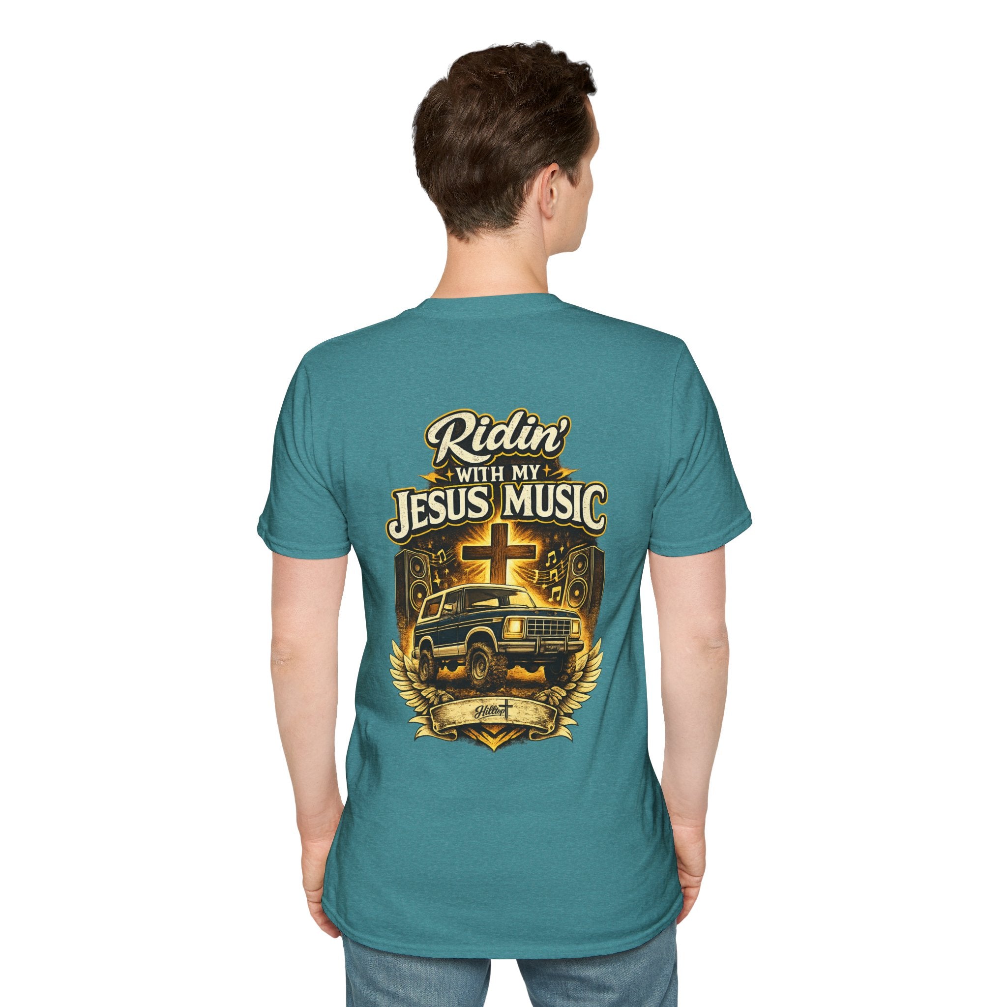 Christian Graphic T-Shirt — "Ridin' With My Jesus Music" Church Truck Cross Design