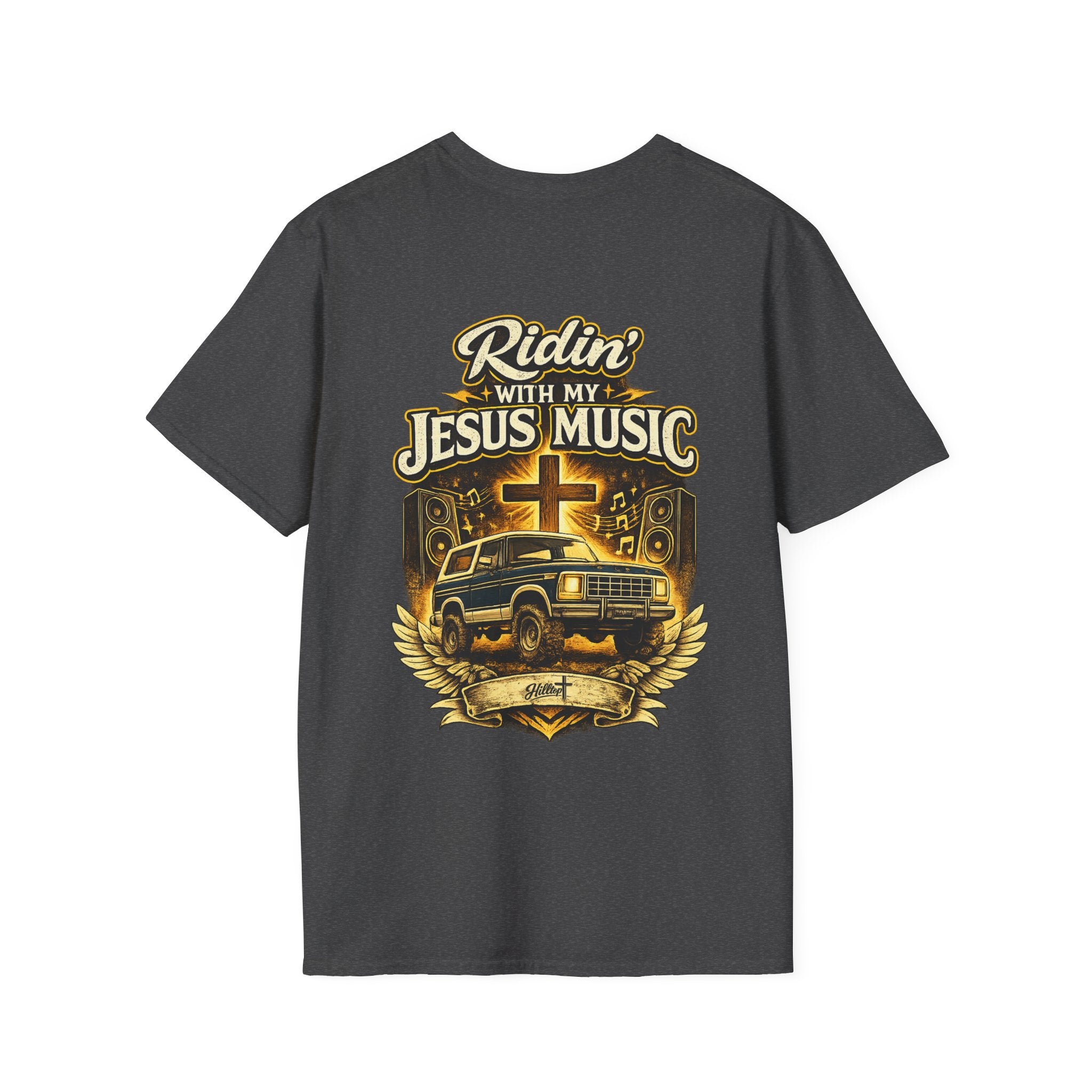 Christian Graphic T-Shirt — "Ridin' With My Jesus Music" Church Truck Cross Design