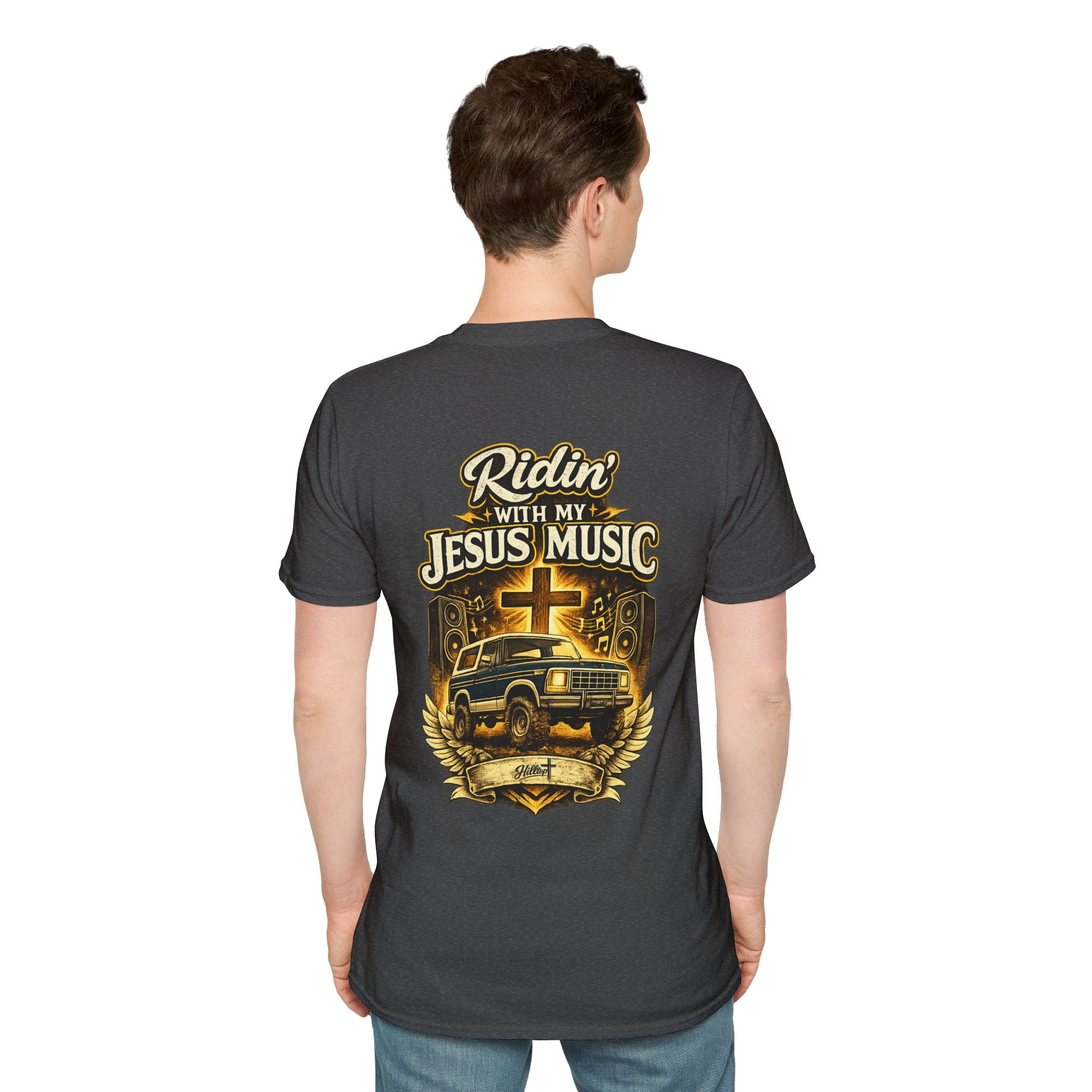 Christian Graphic T-Shirt — "Ridin' With My Jesus Music" Church Truck Cross Design