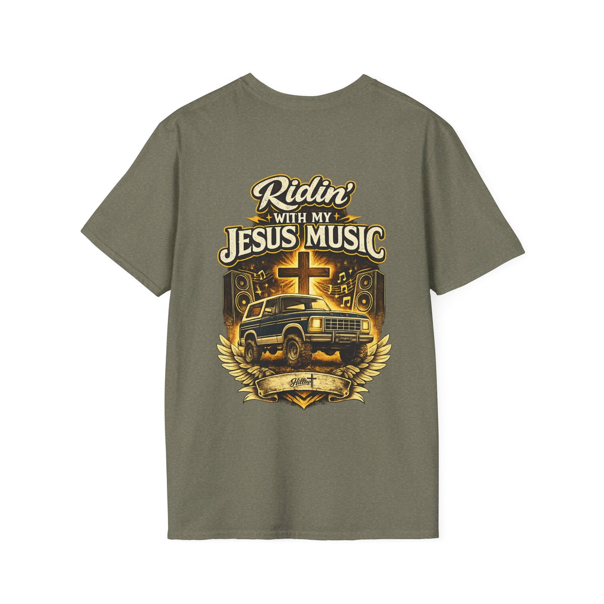 Christian Graphic T-Shirt — "Ridin' With My Jesus Music" Church Truck Cross Design