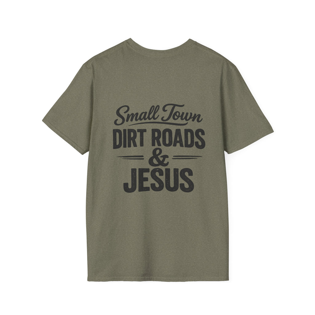 Hilltop Cross T-Shirt — "Small Town Dirt Roads & Jesus" Graphic Tee