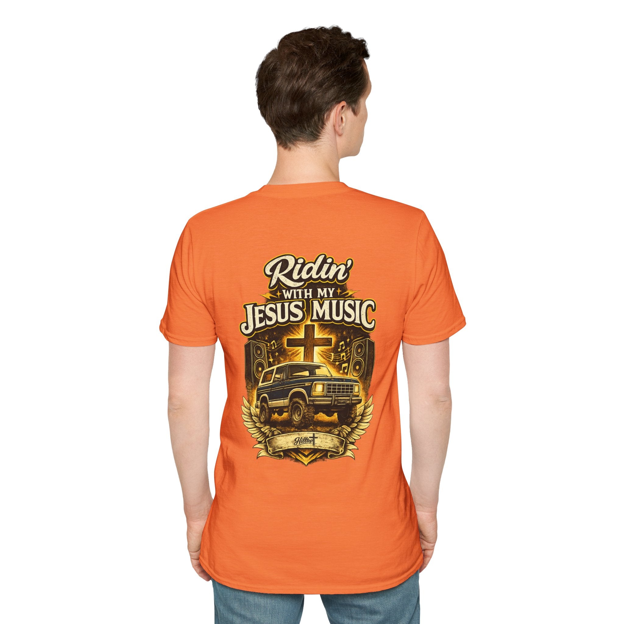 Christian Graphic T-Shirt — "Ridin' With My Jesus Music" Church Truck Cross Design