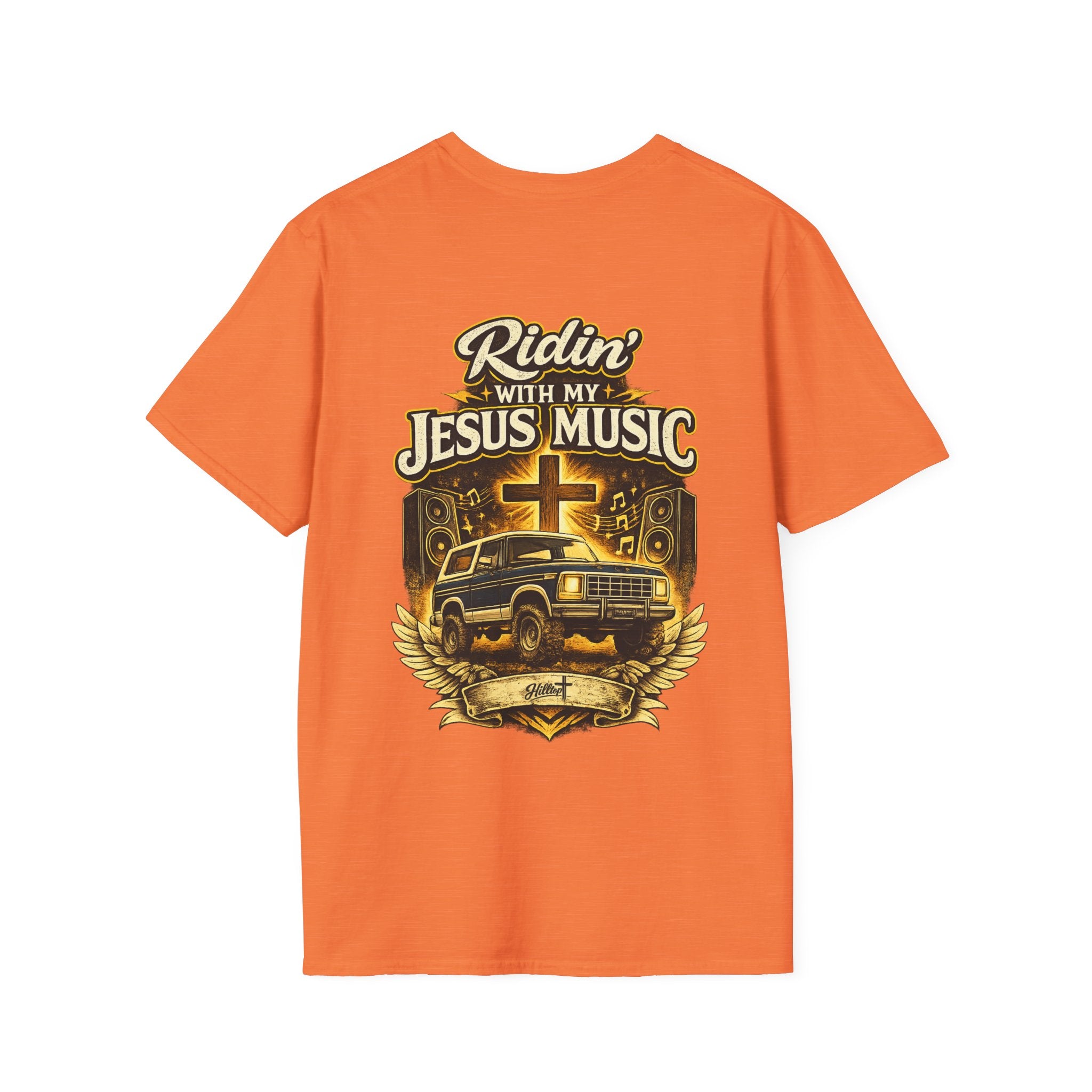 Christian Graphic T-Shirt — "Ridin' With My Jesus Music" Church Truck Cross Design