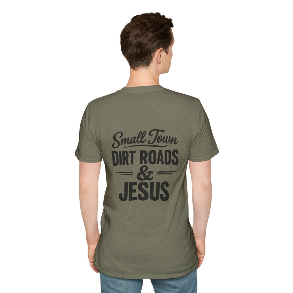 Hilltop Cross T-Shirt — "Small Town Dirt Roads & Jesus" Graphic Tee