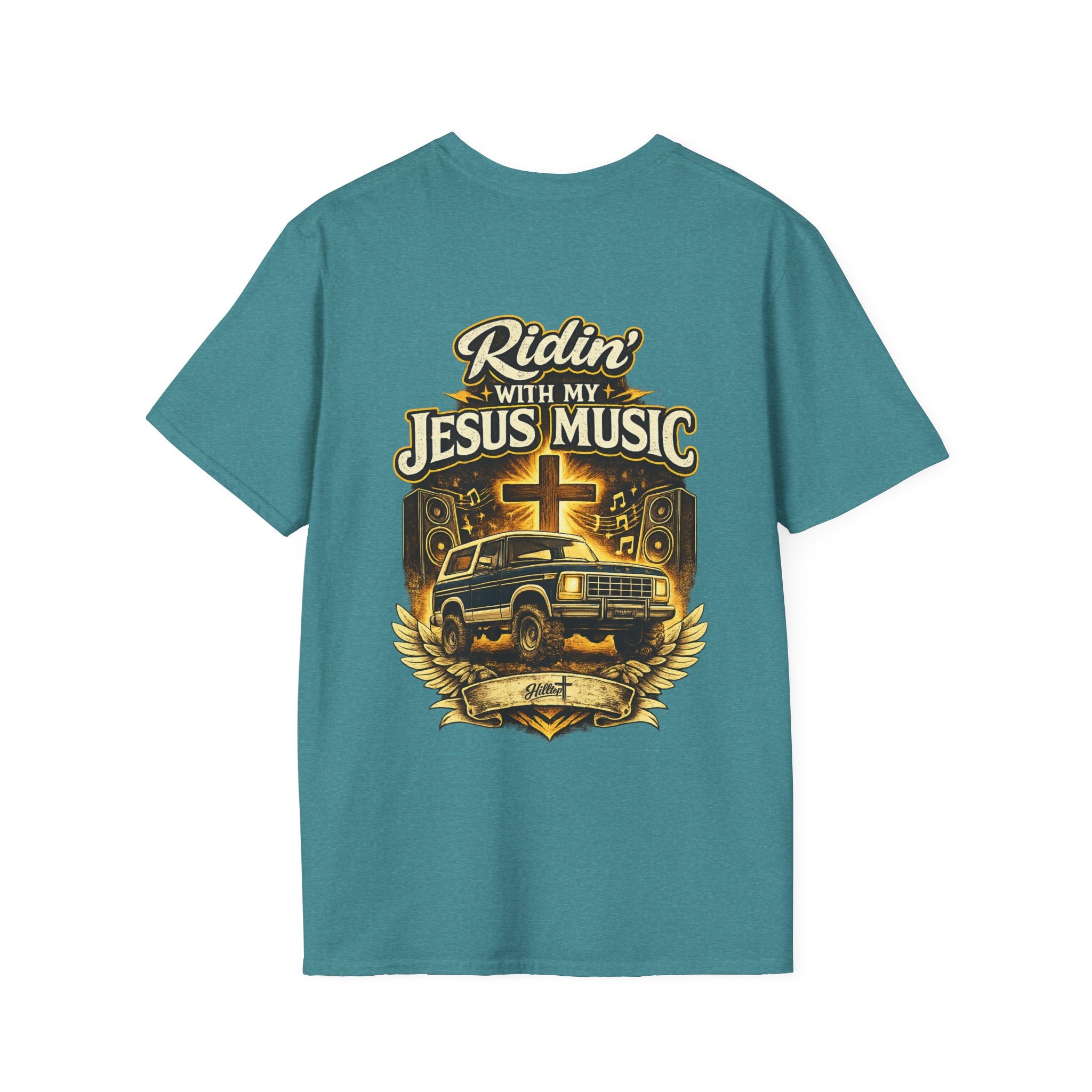 Christian Graphic T-Shirt — "Ridin' With My Jesus Music" Church Truck Cross Design