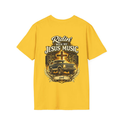 Christian Graphic T-Shirt — "Ridin' With My Jesus Music" Church Truck Cross Design