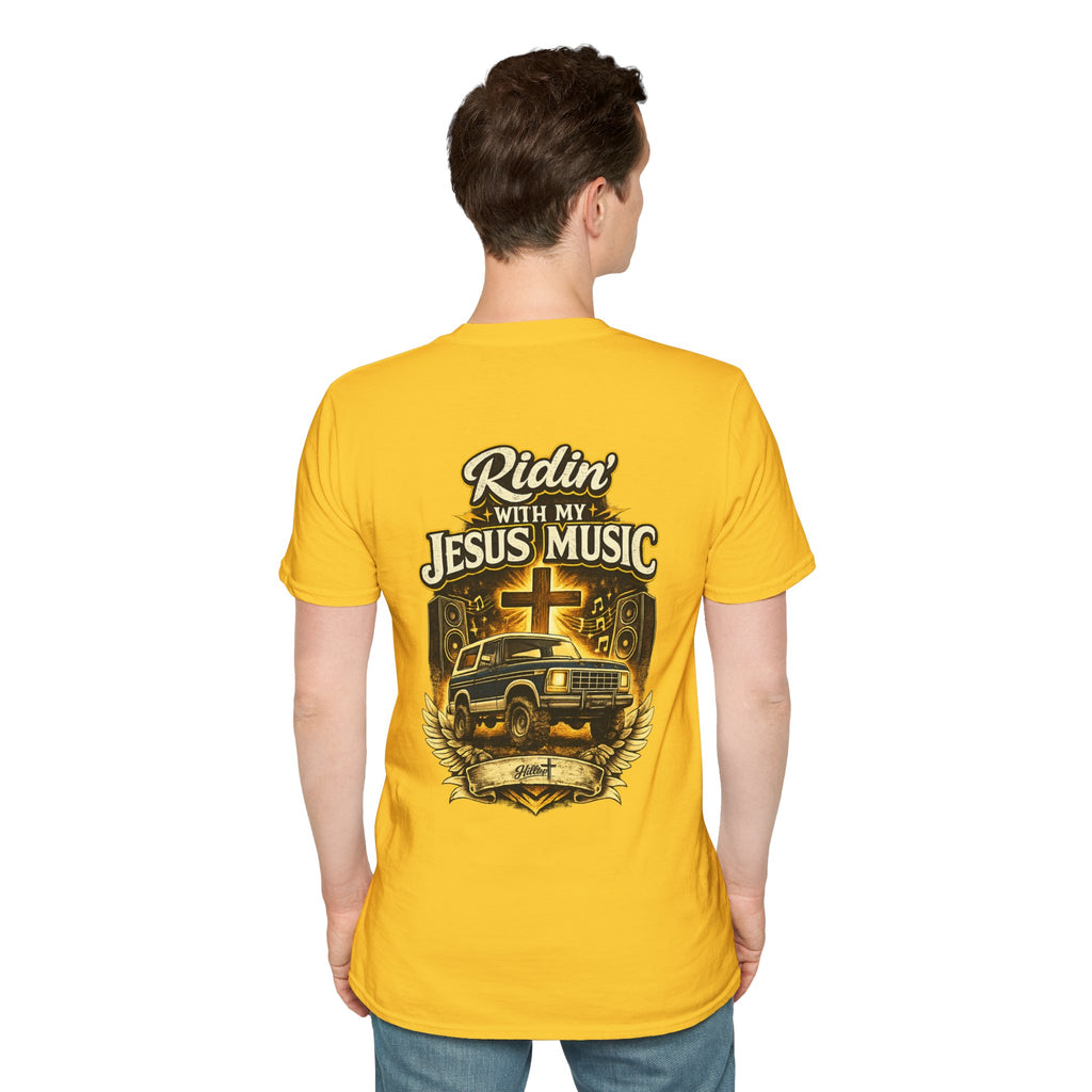 Christian Graphic T-Shirt — "Ridin' With My Jesus Music" Church Truck Cross Design